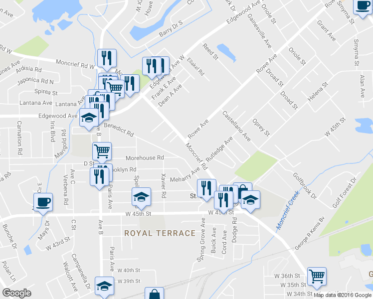 map of restaurants, bars, coffee shops, grocery stores, and more near 5758 Moncrief Road in Jacksonville