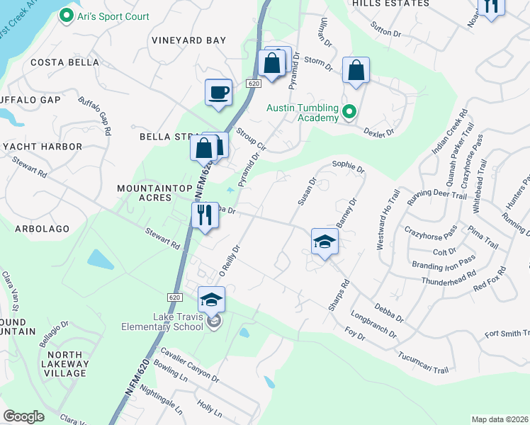 map of restaurants, bars, coffee shops, grocery stores, and more near 1401 Oreilly Court in Austin