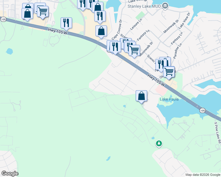 map of restaurants, bars, coffee shops, grocery stores, and more near 18536 Meadow Point Lane in Montgomery