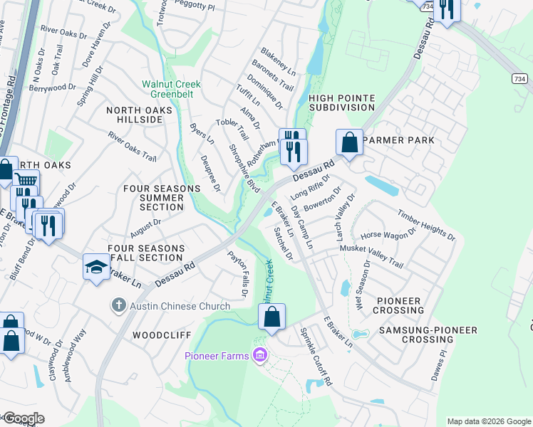 map of restaurants, bars, coffee shops, grocery stores, and more near 1431 Biscuit Drive in Austin