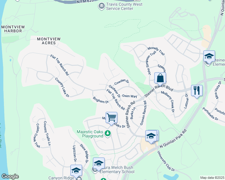 map of restaurants, bars, coffee shops, grocery stores, and more near 3404 Oxsheer Drive in Austin