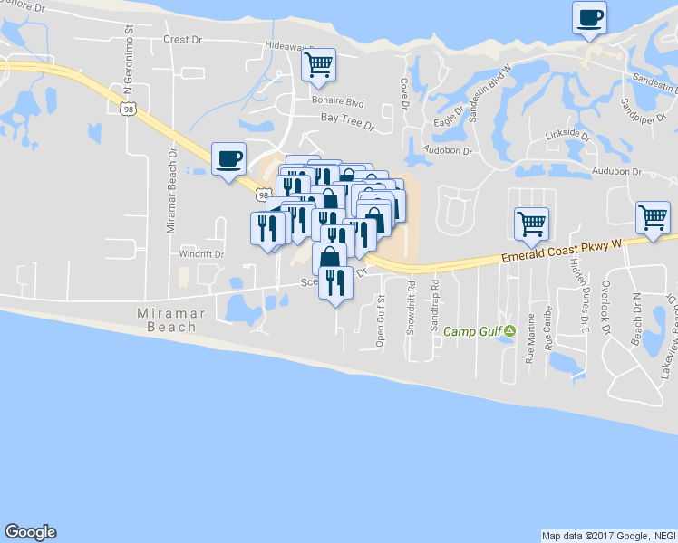 map of restaurants, bars, coffee shops, grocery stores, and more near 981 Scenic Highway 98 in Miramar Beach