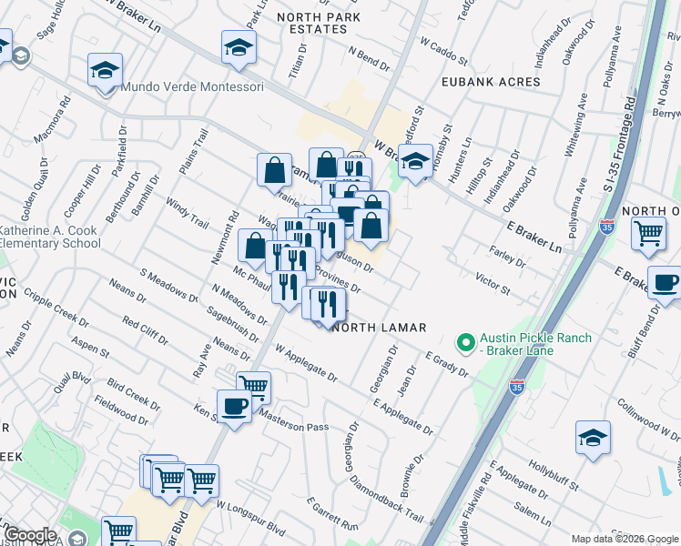 map of restaurants, bars, coffee shops, grocery stores, and more near 604 Provines Dr in Austin