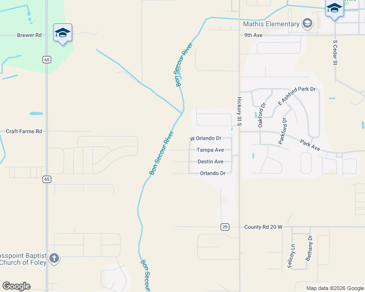 map of restaurants, bars, coffee shops, grocery stores, and more near 1071 Tampa Avenue in Foley