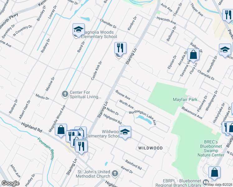 map of restaurants, bars, coffee shops, grocery stores, and more near 8906 Boone Avenue in Baton Rouge