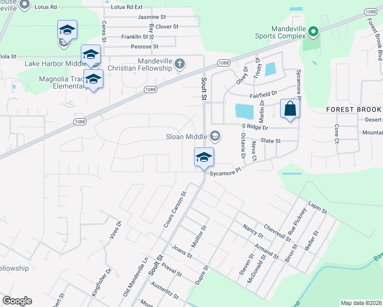 map of restaurants, bars, coffee shops, grocery stores, and more near 880 Sweet Bay Drive in Mandeville
