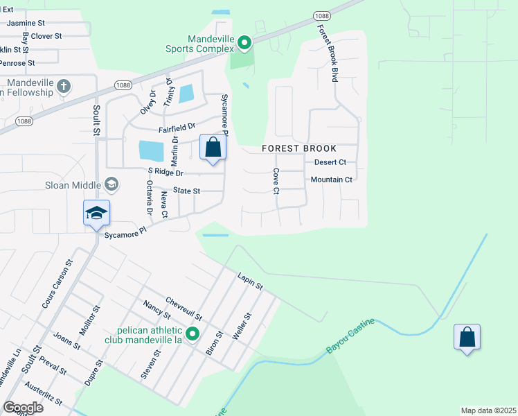 map of restaurants, bars, coffee shops, grocery stores, and more near 2619 Bluff Court in Mandeville