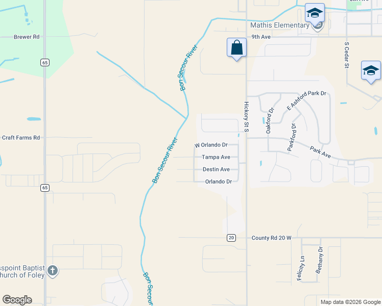 map of restaurants, bars, coffee shops, grocery stores, and more near 1071 Tampa Avenue in Foley