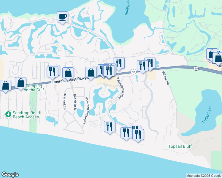map of restaurants, bars, coffee shops, grocery stores, and more near 5104 Beachwalk Place in Miramar Beach
