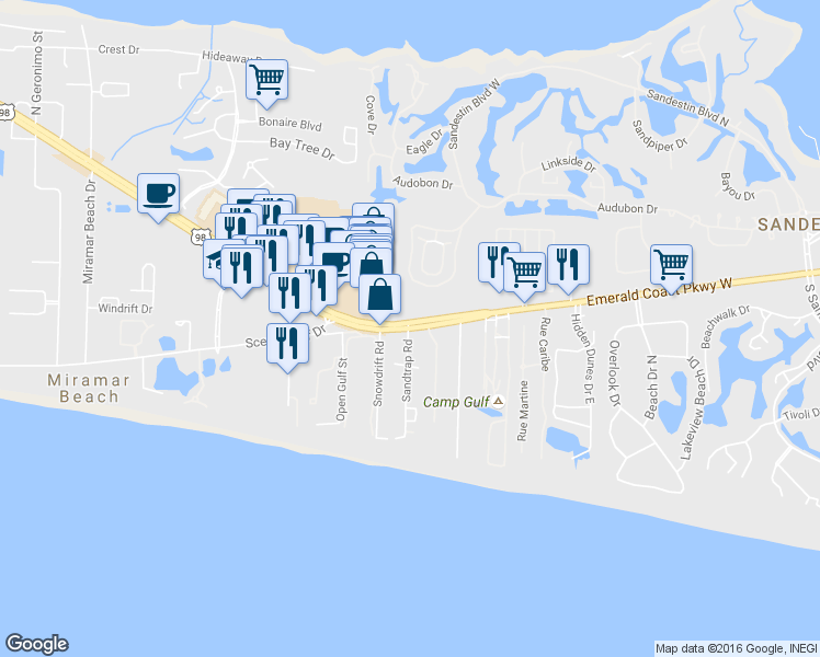 map of restaurants, bars, coffee shops, grocery stores, and more near 10221 U.S. 98 in Miramar Beach