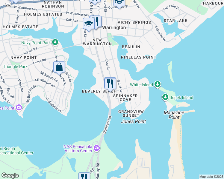 map of restaurants, bars, coffee shops, grocery stores, and more near 553 South 1st Street in Pensacola