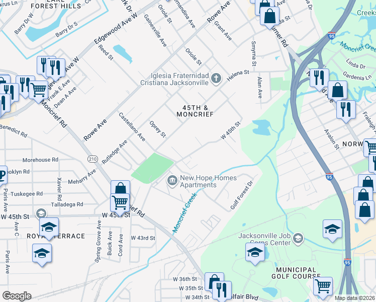 map of restaurants, bars, coffee shops, grocery stores, and more near 1535 West 45th Street in Jacksonville