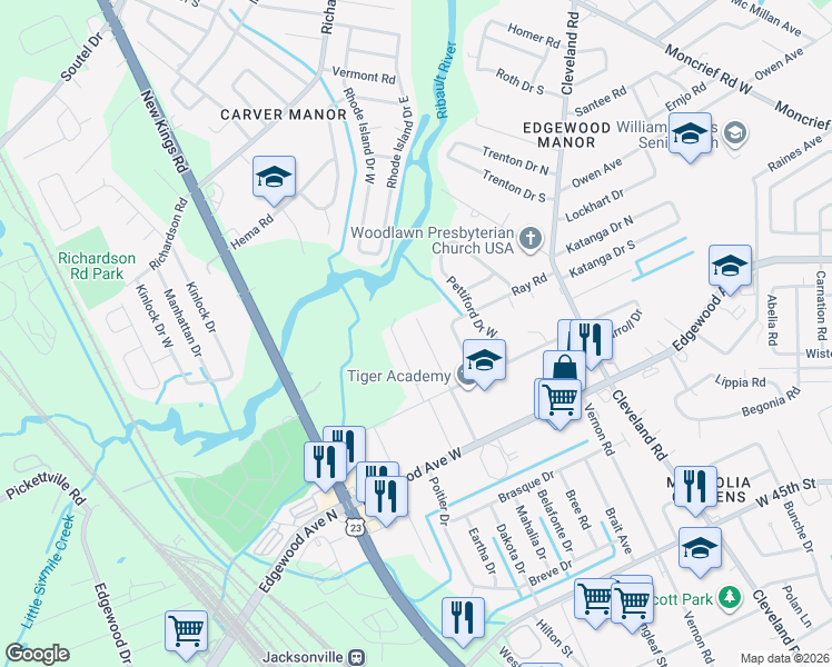 map of restaurants, bars, coffee shops, grocery stores, and more near 6182 Bagley Road in Jacksonville