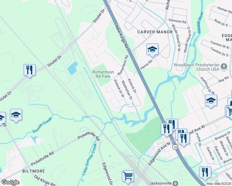 map of restaurants, bars, coffee shops, grocery stores, and more near 6547 Thurgood Circle East in Jacksonville