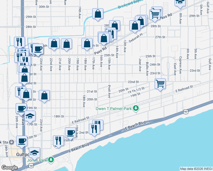 map of restaurants, bars, coffee shops, grocery stores, and more near 1614 21st Street in Gulfport