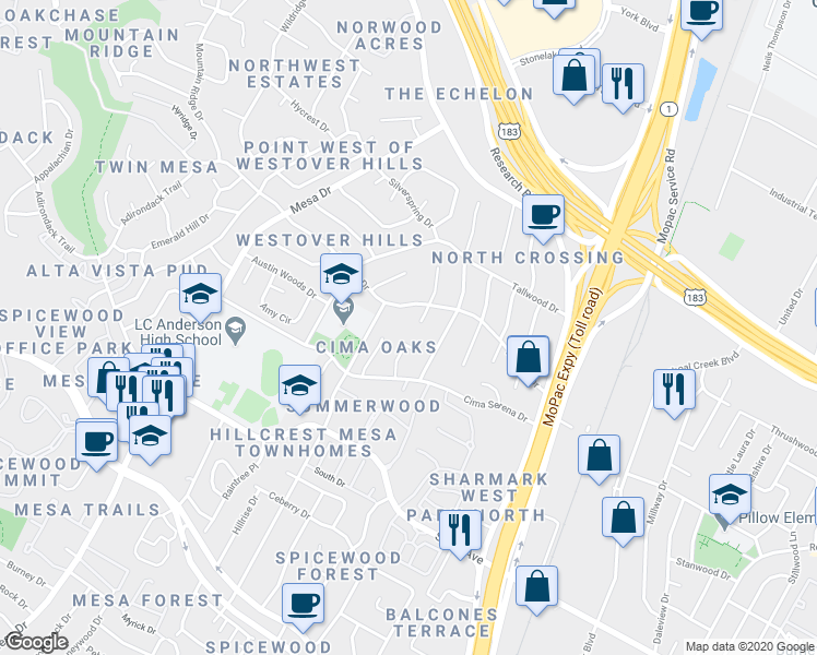 map of restaurants, bars, coffee shops, grocery stores, and more near 8600 Oakmountain Circle in Austin