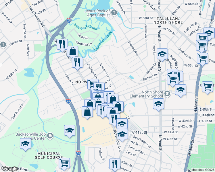 map of restaurants, bars, coffee shops, grocery stores, and more near 725 Escambia Street in Jacksonville
