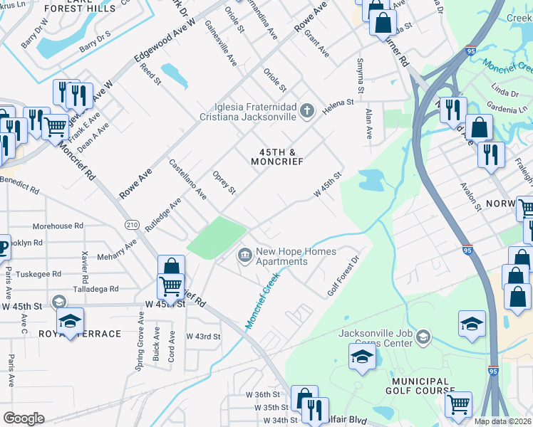 map of restaurants, bars, coffee shops, grocery stores, and more near 1535 West 45th Street in Jacksonville