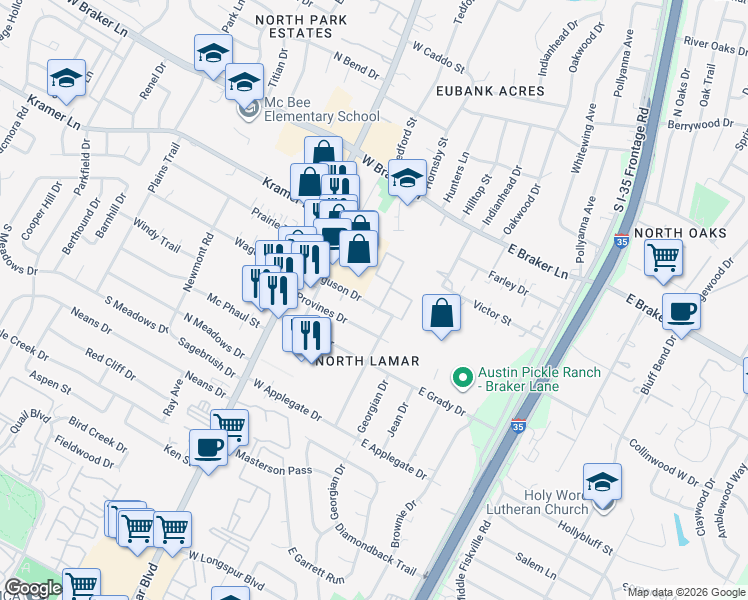 map of restaurants, bars, coffee shops, grocery stores, and more near 307 Ferguson Drive in Austin