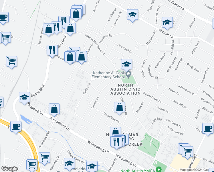 map of restaurants, bars, coffee shops, grocery stores, and more near in Austin