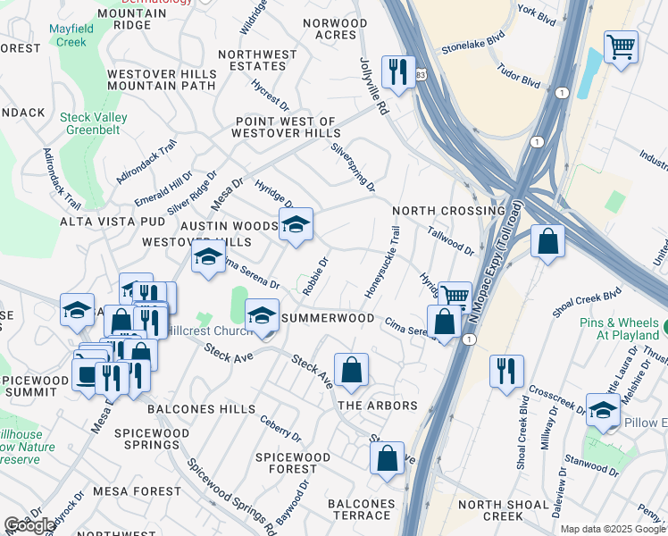map of restaurants, bars, coffee shops, grocery stores, and more near 8602A Cima Oak Lane in Austin