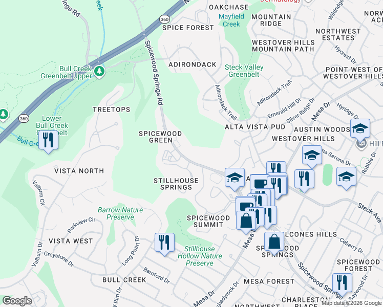 map of restaurants, bars, coffee shops, grocery stores, and more near 4714 Spicewood Springs Road in Austin