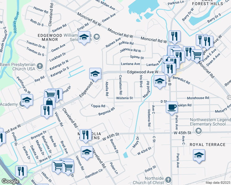 map of restaurants, bars, coffee shops, grocery stores, and more near 5753 Begonia Road in Jacksonville