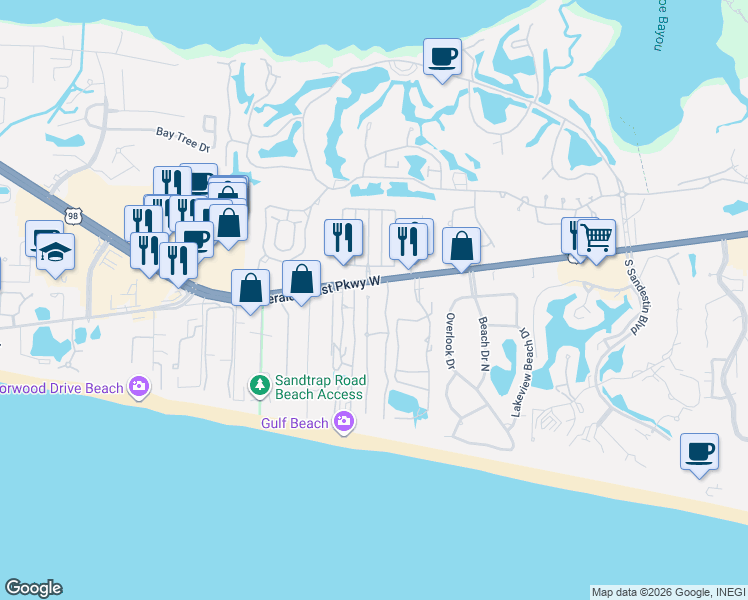 map of restaurants, bars, coffee shops, grocery stores, and more near 2 Rue Martine in Miramar Beach