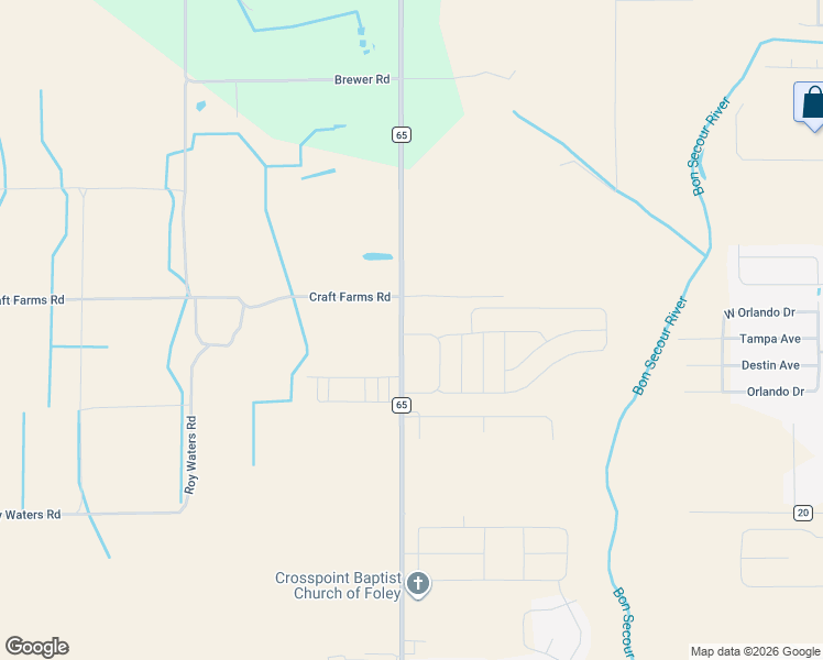 map of restaurants, bars, coffee shops, grocery stores, and more near 9714-10200 County Road 65 in Foley