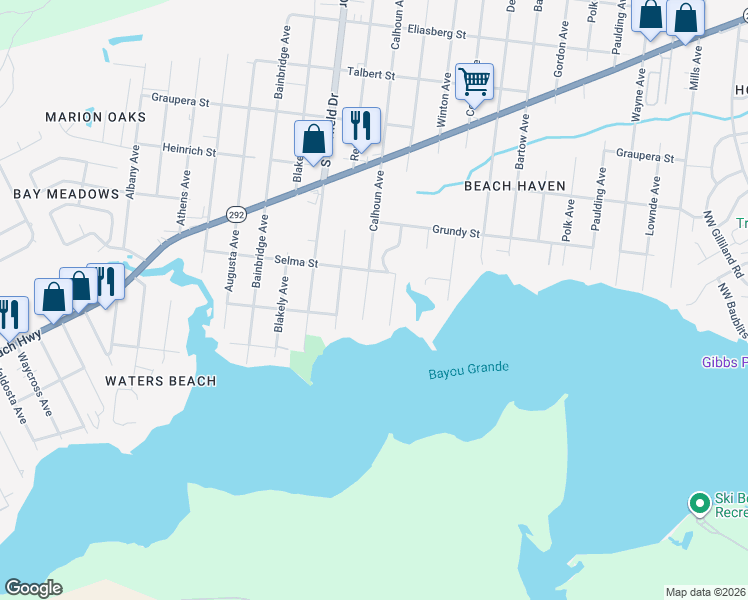 map of restaurants, bars, coffee shops, grocery stores, and more near 310 Calhoun Avenue in Pensacola