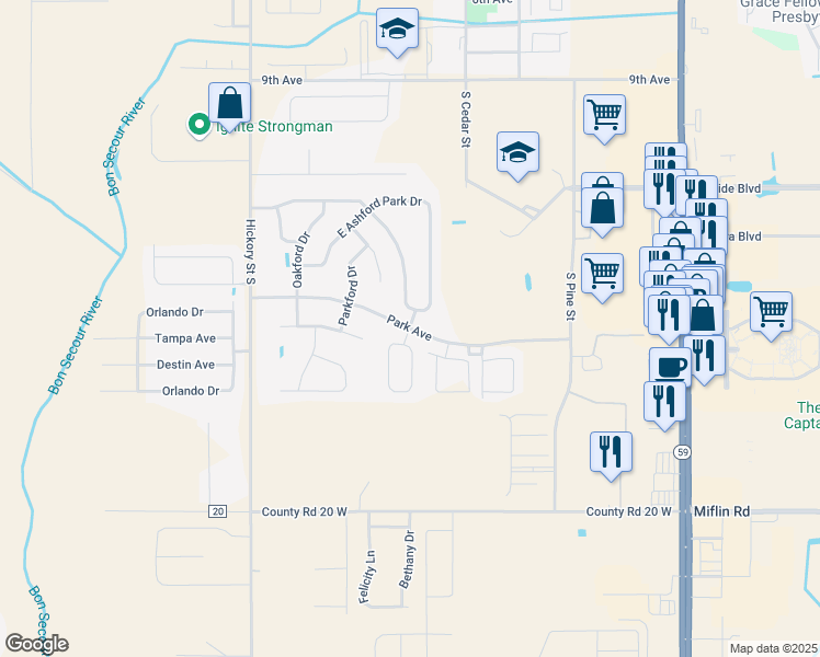 map of restaurants, bars, coffee shops, grocery stores, and more near 2798 Ashford Park in Foley