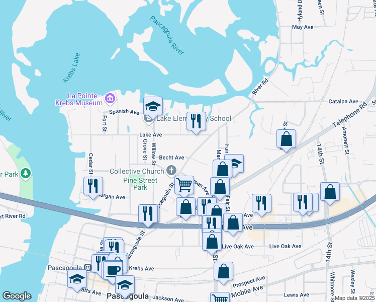 map of restaurants, bars, coffee shops, grocery stores, and more near 4307 Pascagoula St in Pascagoula