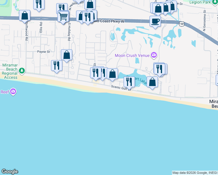 map of restaurants, bars, coffee shops, grocery stores, and more near 1577 Scenic Gulf Drive in Miramar Beach