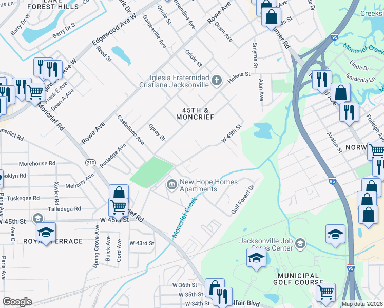 map of restaurants, bars, coffee shops, grocery stores, and more near 1535 West 45th Street in Jacksonville