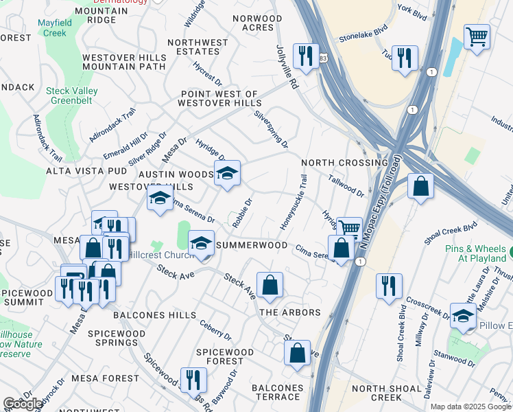 map of restaurants, bars, coffee shops, grocery stores, and more near 8602A Cima Oak Lane in Austin