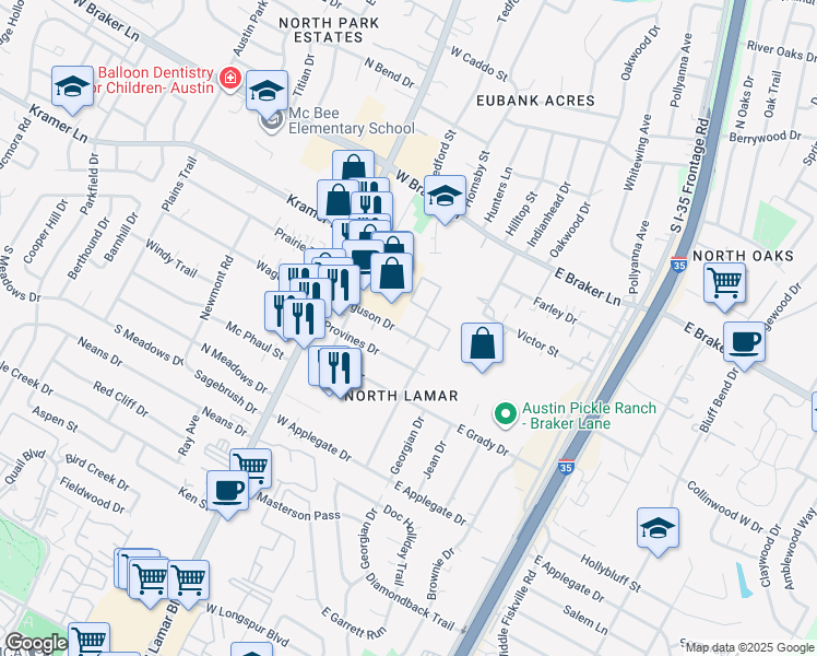 map of restaurants, bars, coffee shops, grocery stores, and more near 307 Ferguson Drive in Austin