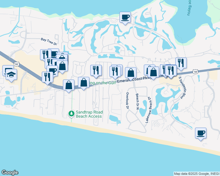 map of restaurants, bars, coffee shops, grocery stores, and more near 45 Rue Caribe in Miramar Beach