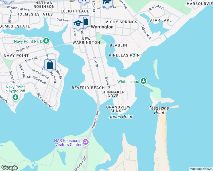 map of restaurants, bars, coffee shops, grocery stores, and more near 545 South 2nd Street in Pensacola