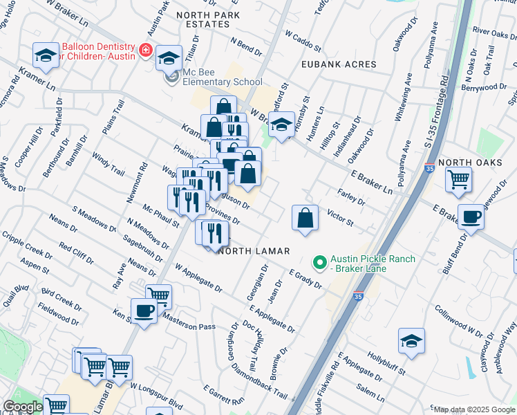 map of restaurants, bars, coffee shops, grocery stores, and more near 300 Ferguson Drive in Austin