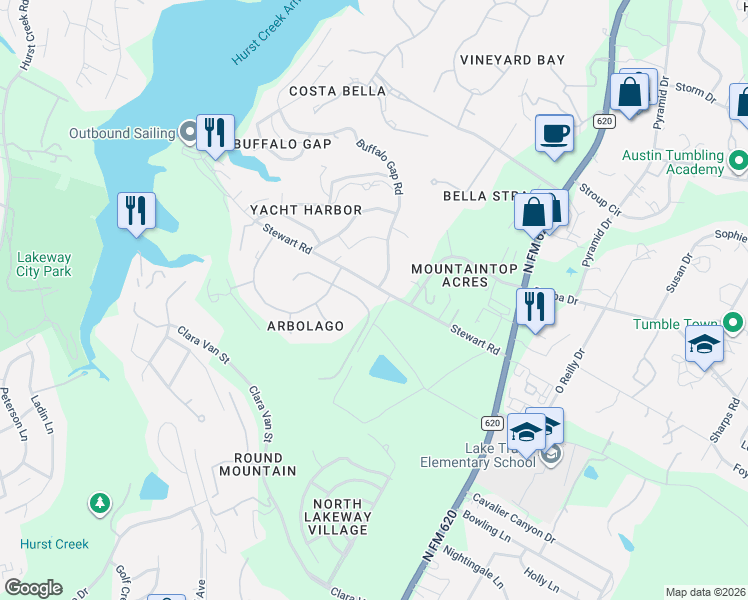 map of restaurants, bars, coffee shops, grocery stores, and more near 105 Sendera Bonita in Lakeway