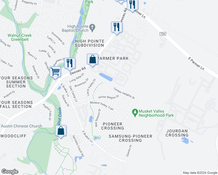 map of restaurants, bars, coffee shops, grocery stores, and more near 11701 Timber Heights Drive in Austin