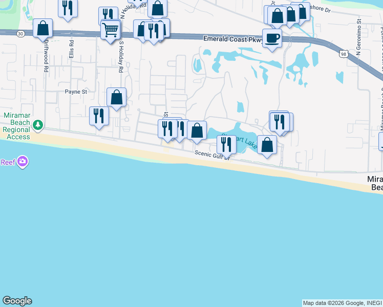 map of restaurants, bars, coffee shops, grocery stores, and more near 1577 Scenic Gulf Drive in Miramar Beach