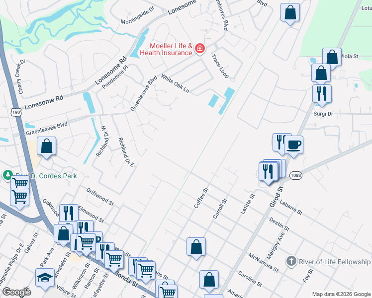 map of restaurants, bars, coffee shops, grocery stores, and more near 2409 Destin Street in Mandeville