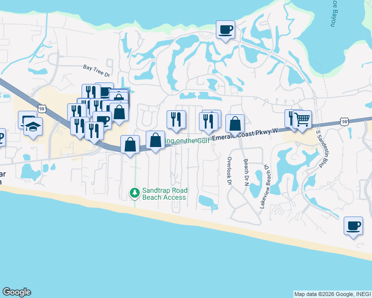 map of restaurants, bars, coffee shops, grocery stores, and more near 2 Rue Martine in Miramar Beach
