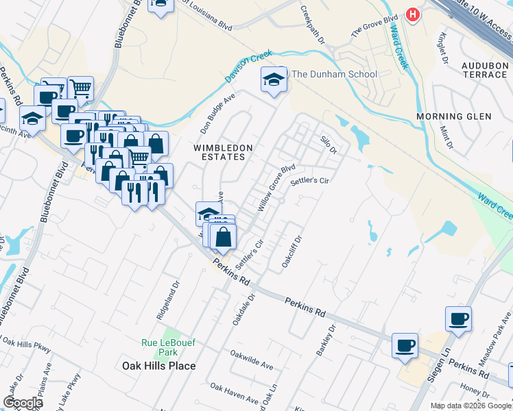 map of restaurants, bars, coffee shops, grocery stores, and more near 7922 Willow Grove Boulevard in Baton Rouge