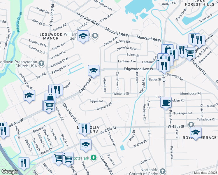 map of restaurants, bars, coffee shops, grocery stores, and more near 5753 Begonia Road in Jacksonville
