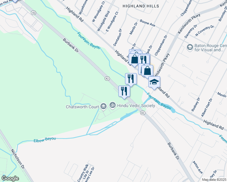 map of restaurants, bars, coffee shops, grocery stores, and more near 7300 Burbank Drive in Baton Rouge