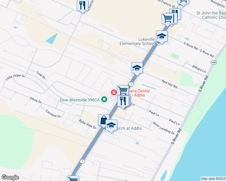map of restaurants, bars, coffee shops, grocery stores, and more near 6454 Louisiana 1 in Brusly