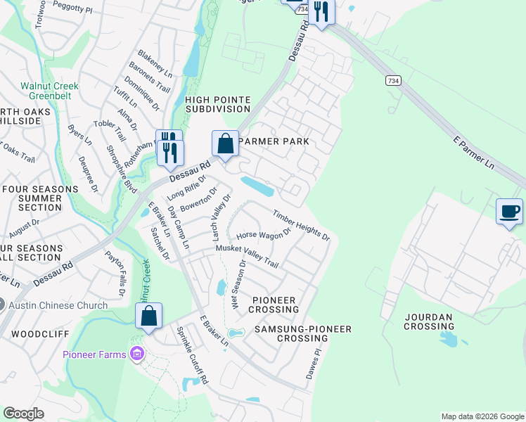 map of restaurants, bars, coffee shops, grocery stores, and more near 11629 Timber Heights Drive in Austin