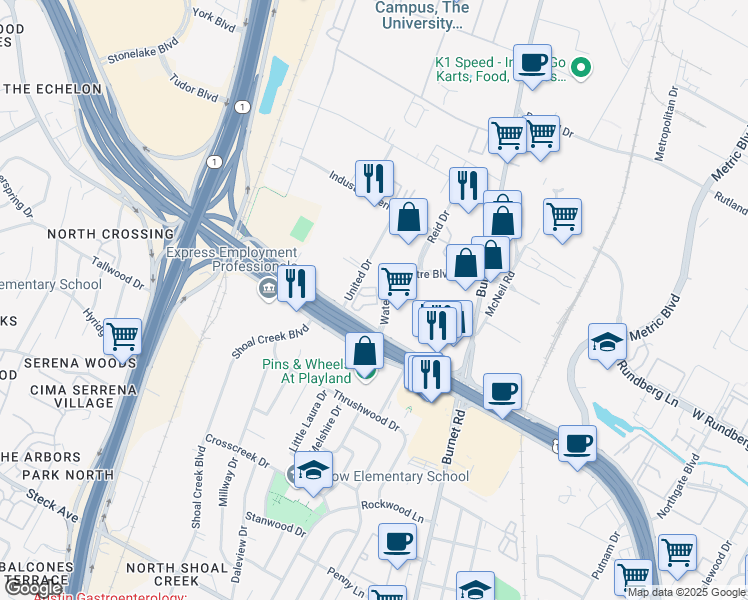 map of restaurants, bars, coffee shops, grocery stores, and more near 9003 Waterford Centre Boulevard in Austin